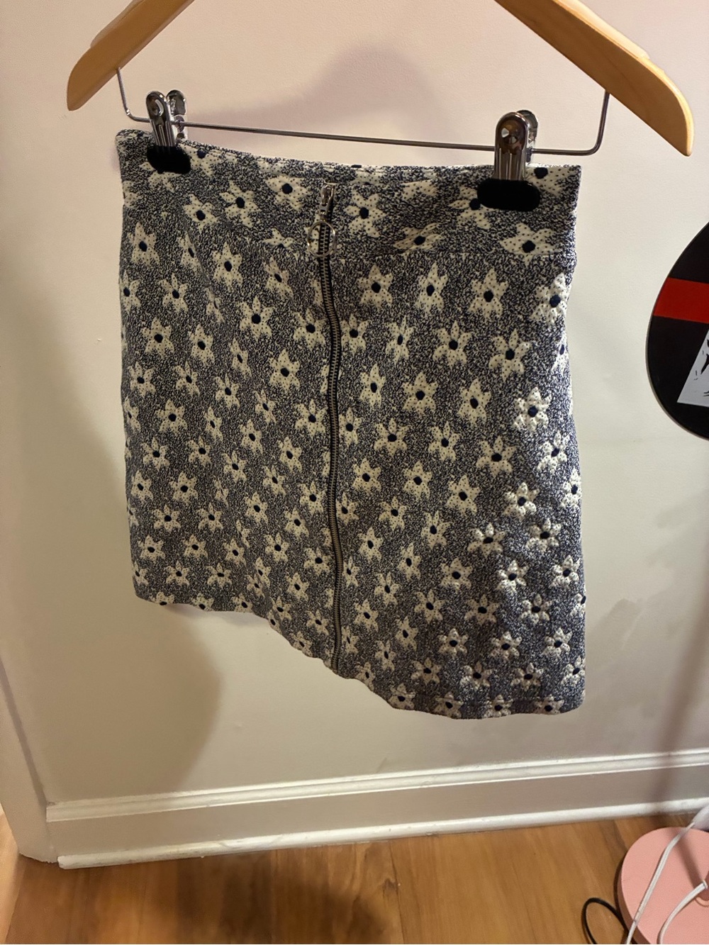 Anthropologie Blue and White Floral A-Line Skirt Zip Front